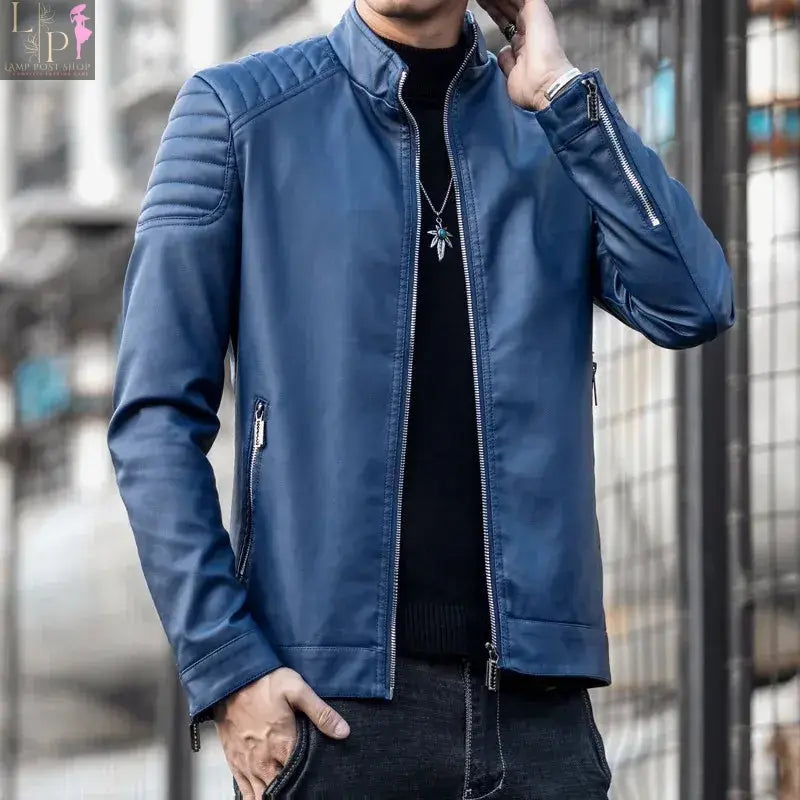Black men's motorcycle leather jacket by Lamp Post, showcasing a stylish, fitted design with zipper details and classic biker style.
