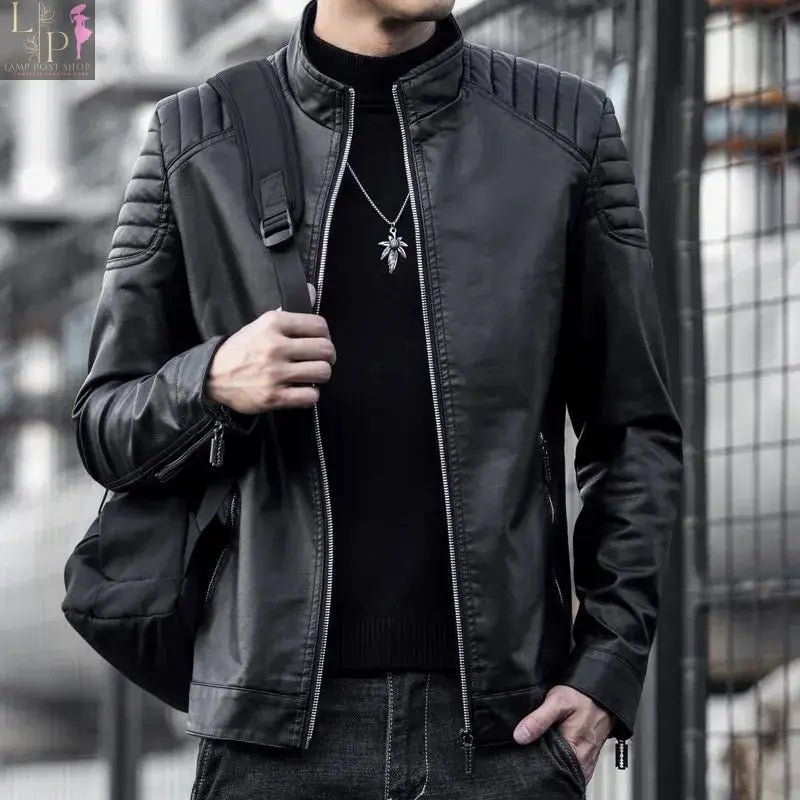 Black men's motorcycle leather jacket by Lamp Post, showcasing durable leather material and stylish fit.