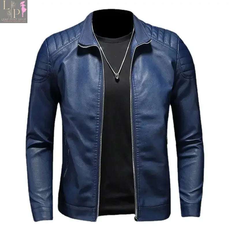 Black men's motorcycle leather jacket by Lamp Post, featuring a fitted design and classic style, suitable for riding and casual wear.
