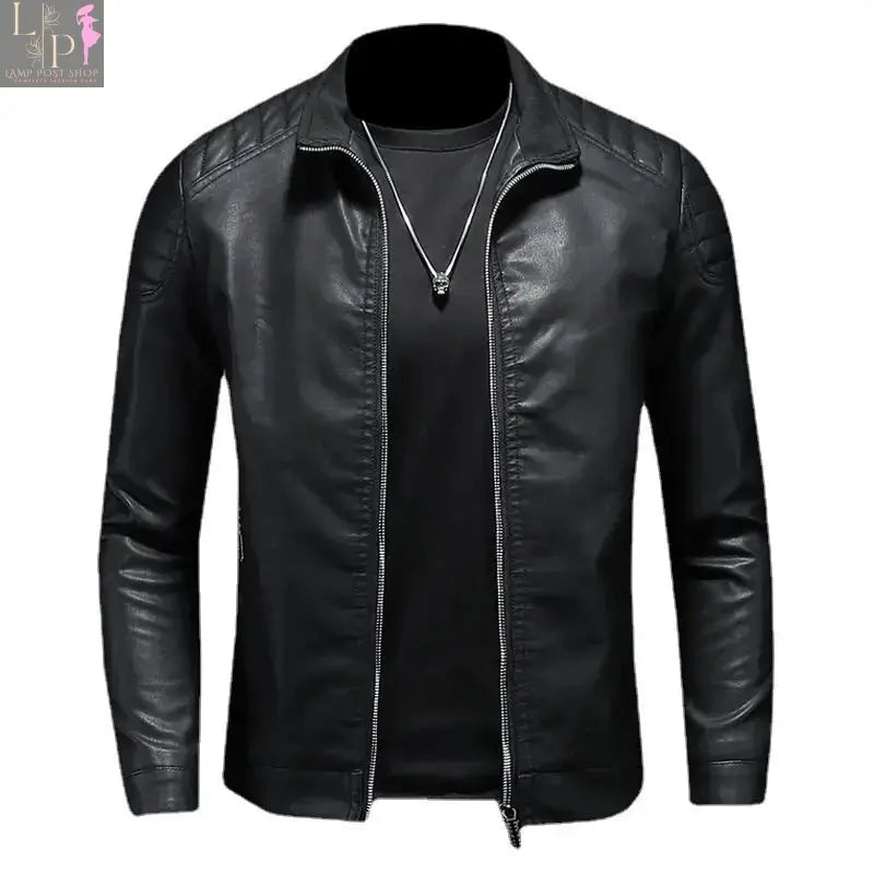 Black men's motorcycle leather jacket by Lamp Post, featuring a sleek design and sturdy construction for riding comfort.