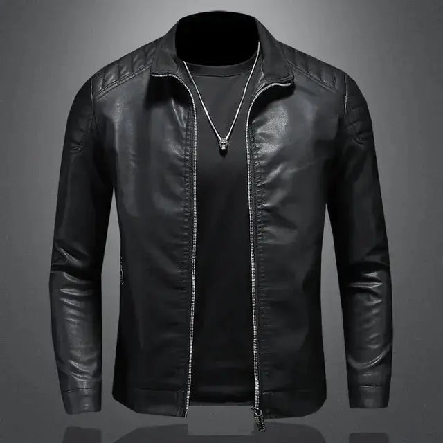 Black men's motorcycle leather jacket by Lamp Post, featuring a classic design and detailed stitching.
