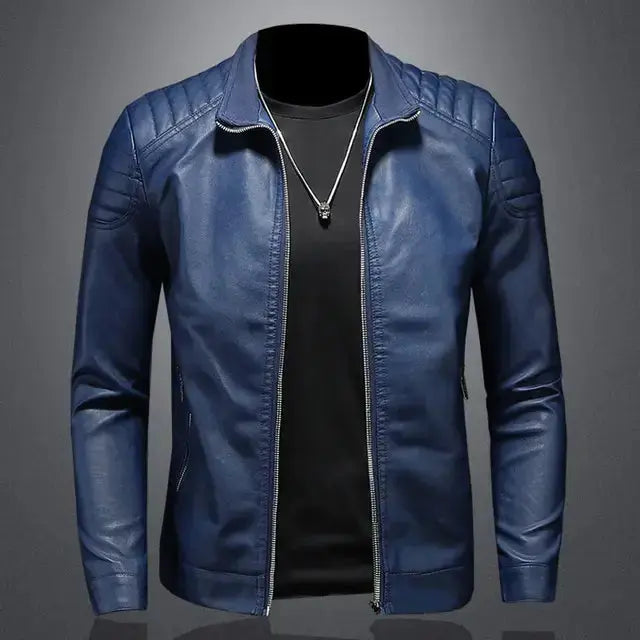 Black men's motorcycle leather jacket by Lamp Post, featuring a classic design and sturdy construction.