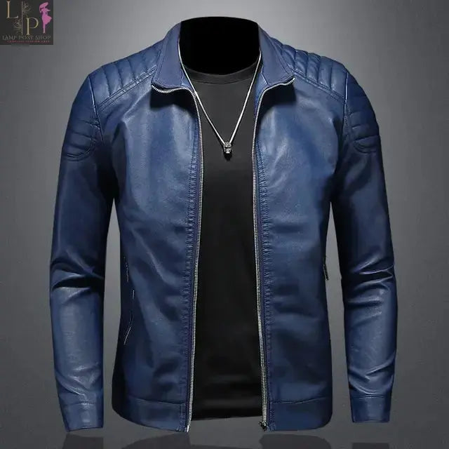 Black men's motorcycle leather jacket by Lamp Post, featuring a fitted design, zipper details, and classic biker style.