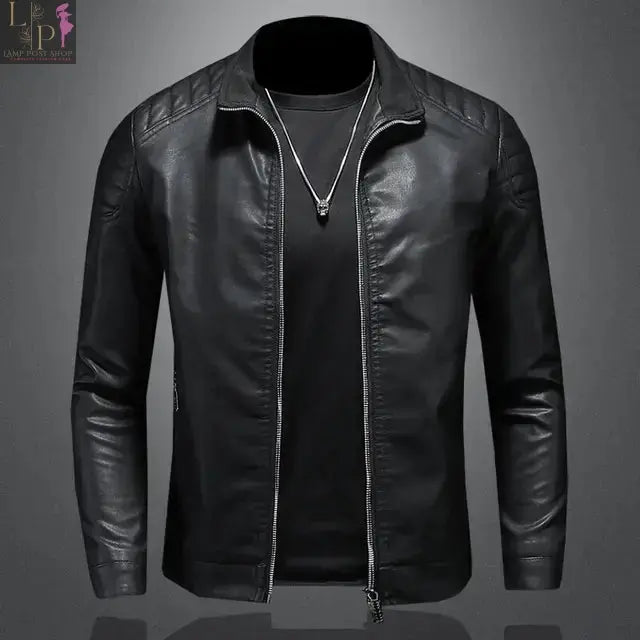 Black men's motorcycle leather jacket by Lamp Post, featuring a fitted design and classic style, suitable for riding and casual wear.