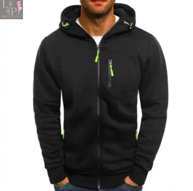 Black men's hoodie cotton jacket by Lamp Post, showing front view with hood and zipper, casual and comfortable men's outerwear.