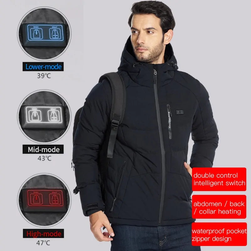 Men's black winter outdoor jacket by Lamp Post with hood and USB infrared heating feature, designed for warmth and comfort.