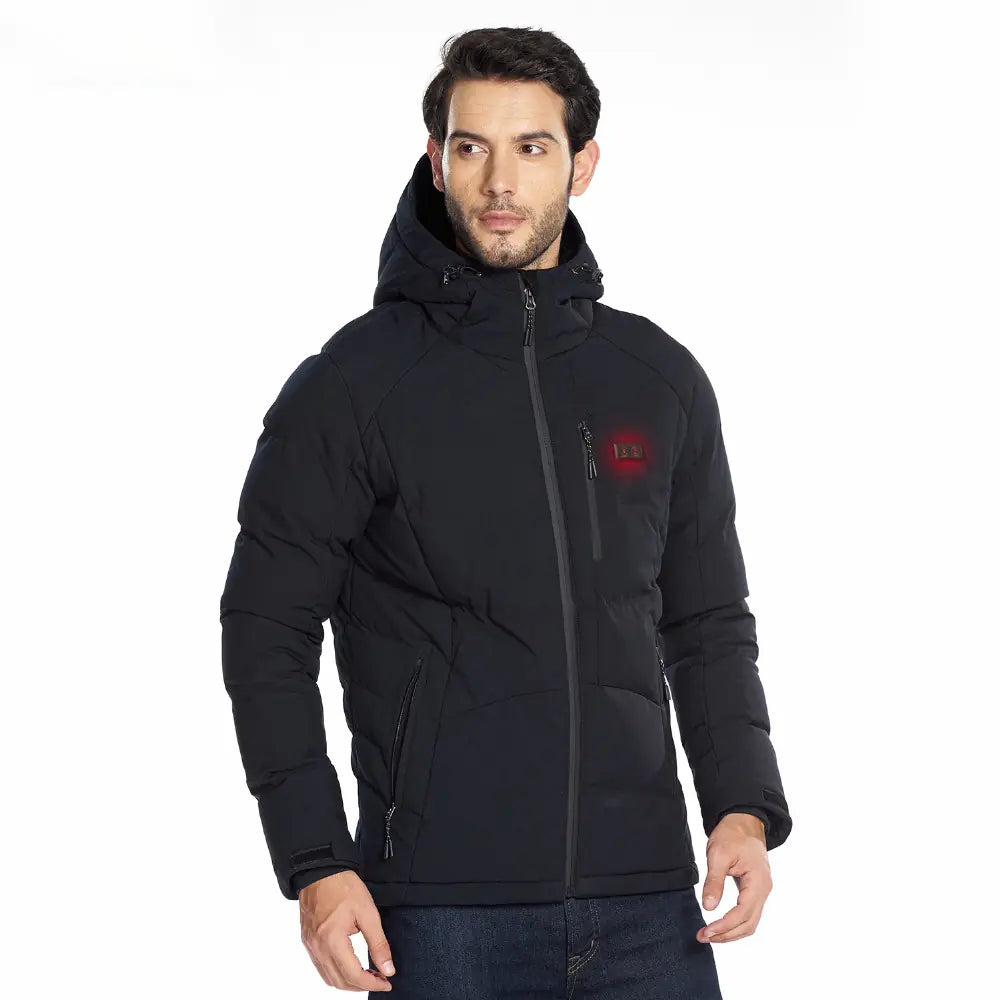 Black men's winter outdoor USB infrared heating hooded jacket by Lamp Post, shown on a small-sized model with front view.