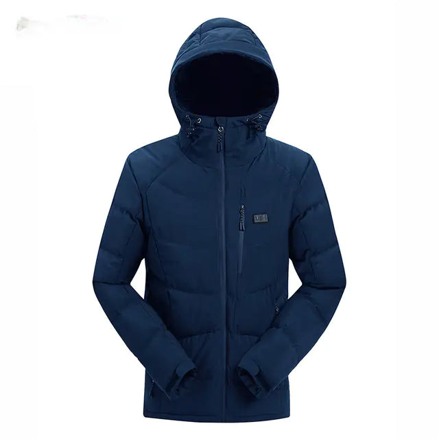 Black men's winter outdoor hooded jacket by Lamp Post with USB infrared heating, designed for warmth and outdoor comfort.