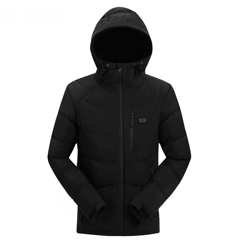Black men's winter outdoor hooded jacket by Lamp Post with USB infrared heating for warmth and comfort.