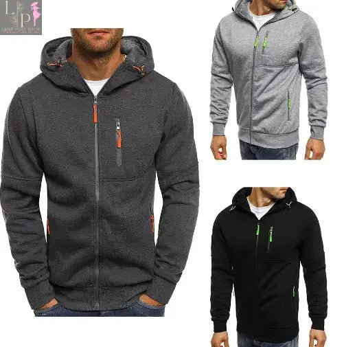 Black men's hoodie cotton jacket by Lamp Post, shown in small size with front view and hood detail.