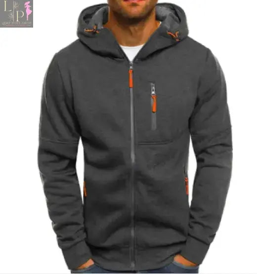 Black men's cotton hoodie jacket by Lamp Post, featuring a casual fit and front pockets, shown on a small-sized model.