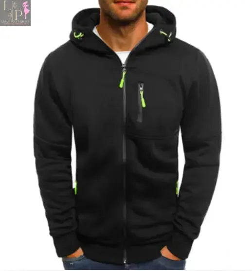 Black men's cotton hoodie jacket by Lamp Post, featuring a casual fit and front pocket design.