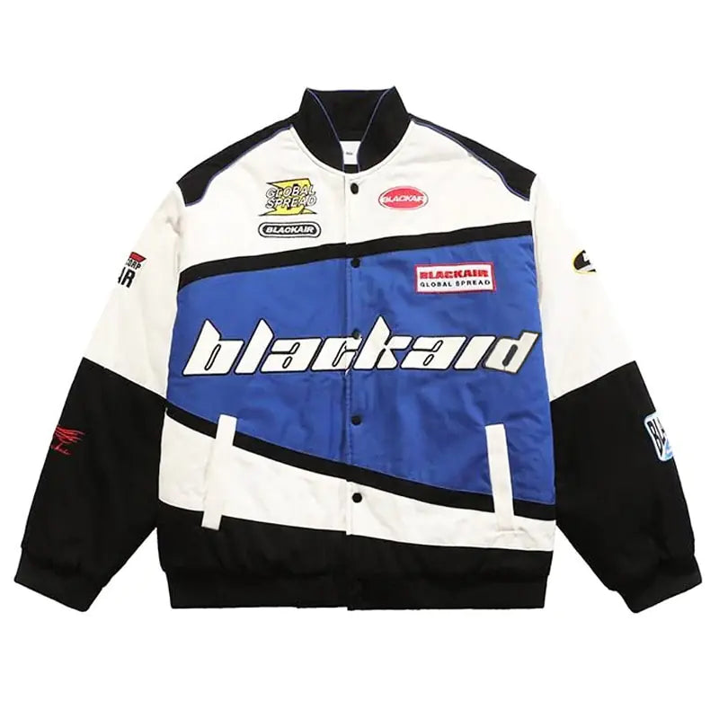 Blue men's streetwear motorcycle jacket with letter print from Lamp Post, featuring a stylish and edgy design.