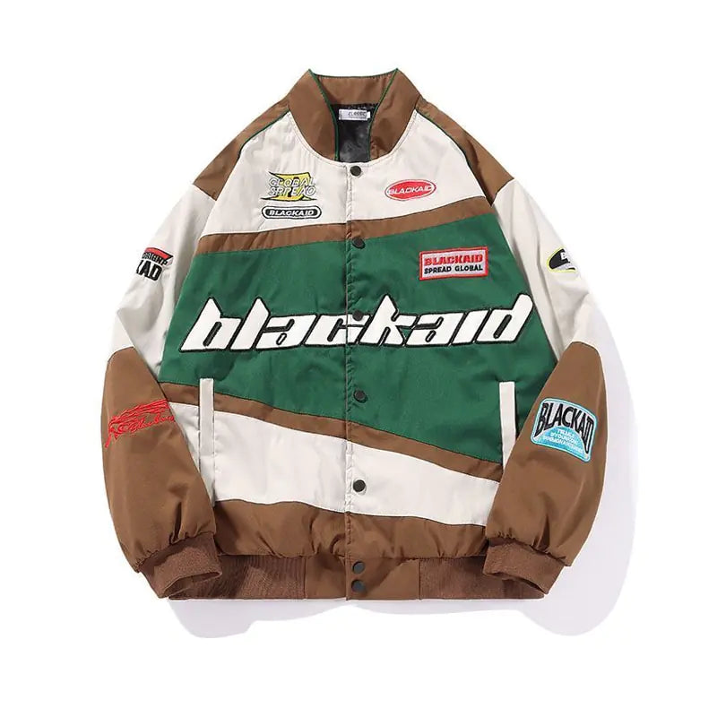 Blue Lamp Post men's streetwear motorcycle jacket with letter print, casual style, and zipper details.