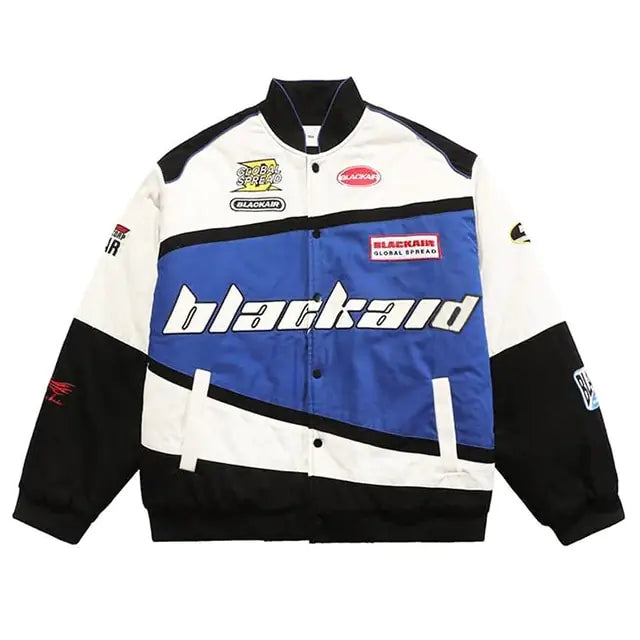 Blue Lamp Post men's motorcycle jacket with streetwear letter print, featuring a stylish design and rugged motorcycle-inspired look.