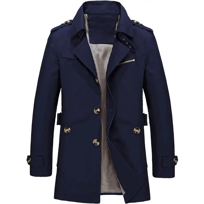 Blue medium-length men's business jacket by Lamp Post, made of pure cotton, tailored for a sleek professional look.