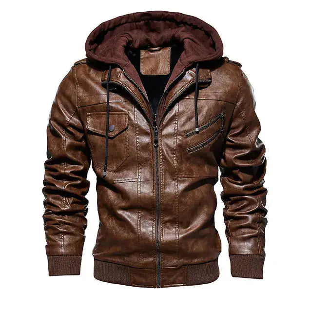 Comfortable hooded PU leather men's jacket by Lamp Post, featuring a stylish coffee color and casual fit.