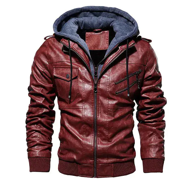 Medium coffee-colored men's hooded PU leather jacket by Lamp Post, showcasing a comfortable, stylish design.