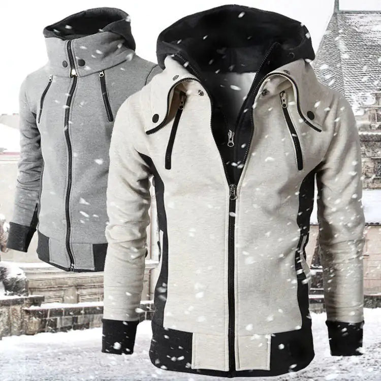 Men's Lamp Post double zipper hoodie jacket with front pockets, gray color, casual style, and adjustable drawstrings.