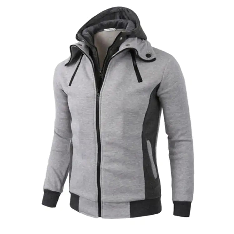 Dark gray men's double zipper hoodie jacket by Lamp Post, featuring a cozy fit and front zipper design.