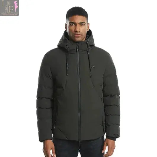 Green Lamp Post men's heated jacket, large size, showcasing the insulated, winter-ready men's jacket with heating features.