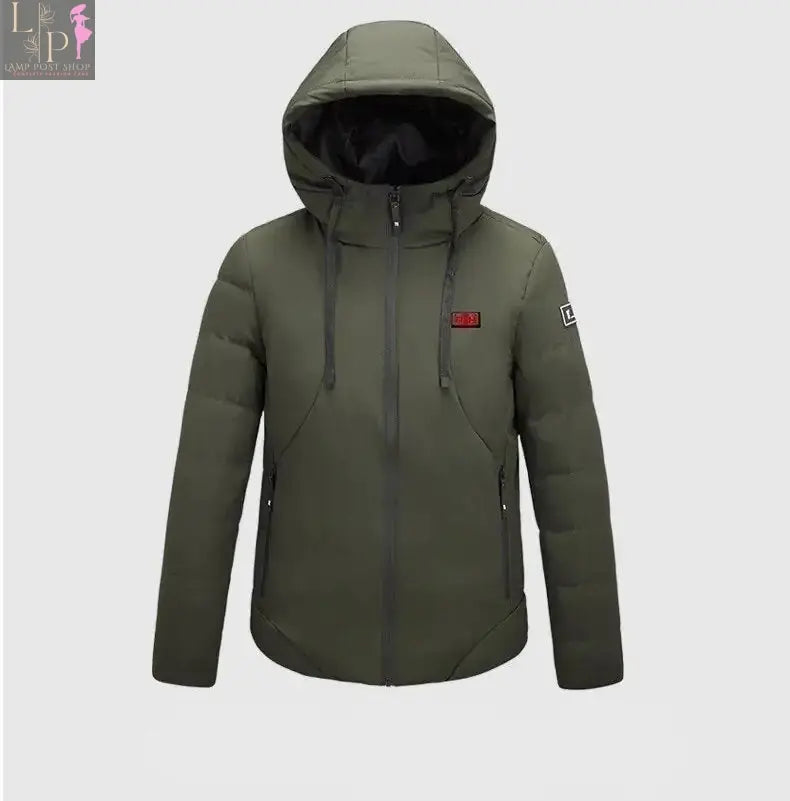 Green Lamp Post men's heated jacket, large size, with insulated design and front zipper for warmth and comfort.