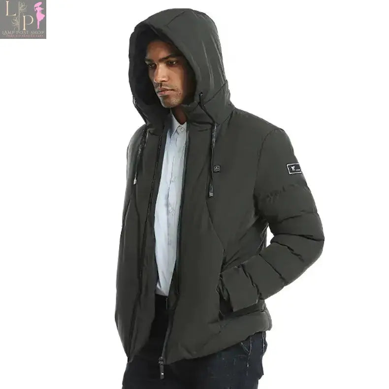 Green Lamp Post men's heated jacket, large size, with insulated design and front zipper for warmth and comfort.