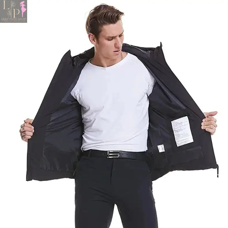 Green Lamp Post men's heated jacket, large size, with insulated design and front zipper for cold weather wear.