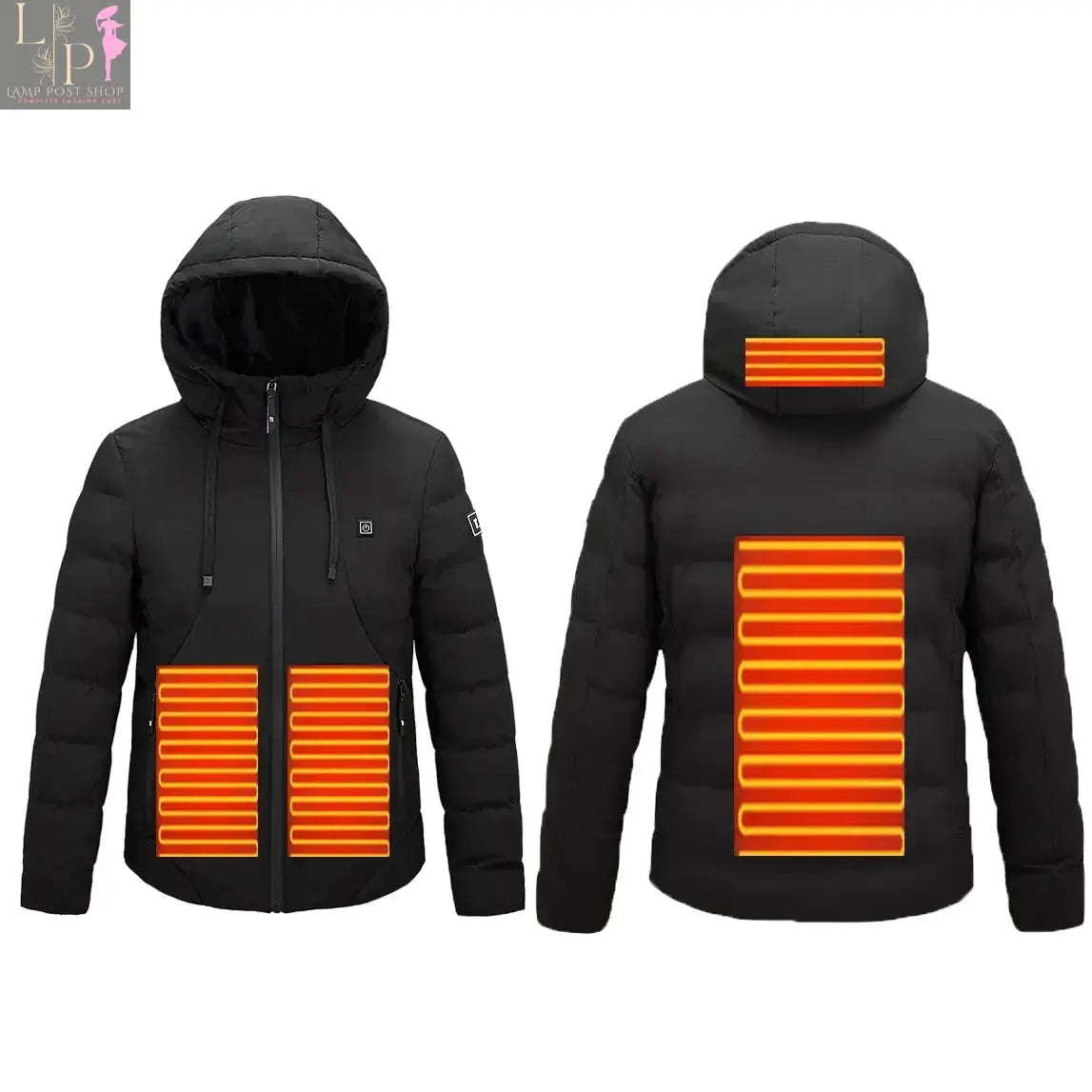 Green men's heated jacket by Lamp Post, featuring a stylish design and insulation for warmth in cold weather.