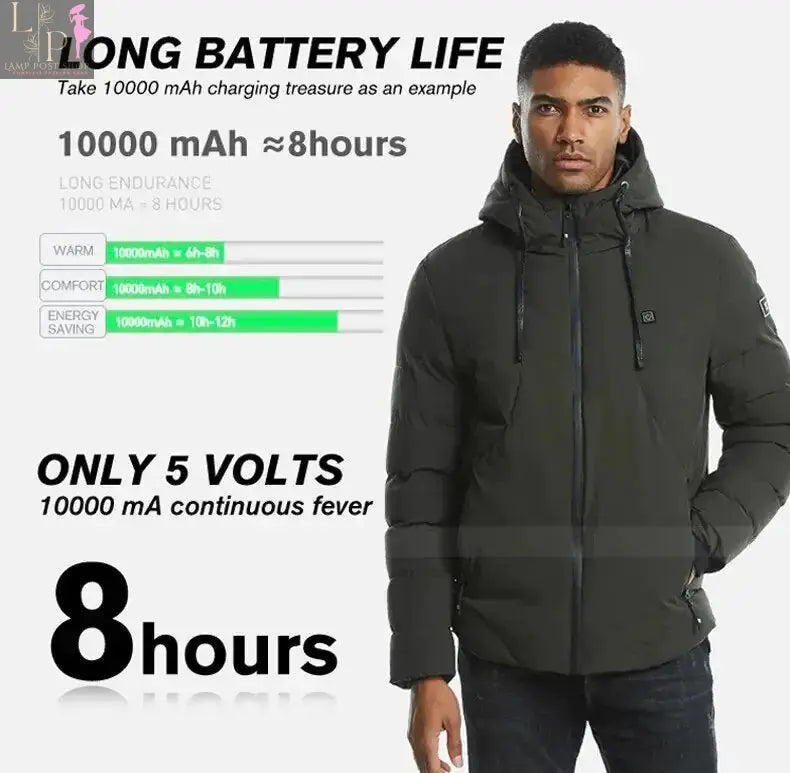 Green Lamp Post men's heated jacket, large size, showing the insulated outer layer and front zipper design.