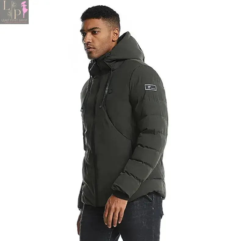 Green men's heated jacket by Lamp Post, featuring a warm, insulated design with a front zipper and adjustable collar.