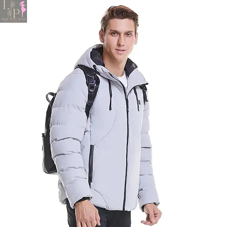 Green men's heated jacket by Lamp Post, large size, featuring insulated design and front zipper for warmth and comfort.