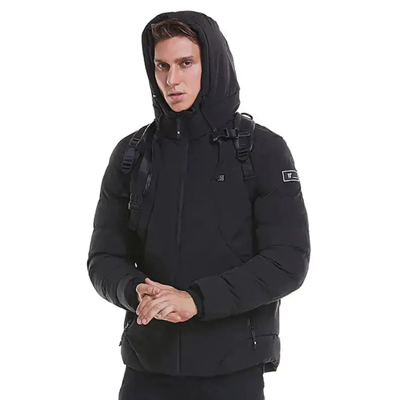 Green men's heated jacket by Lamp Post, large size, showcasing the insulated outerwear with a zip-up front and stand collar.