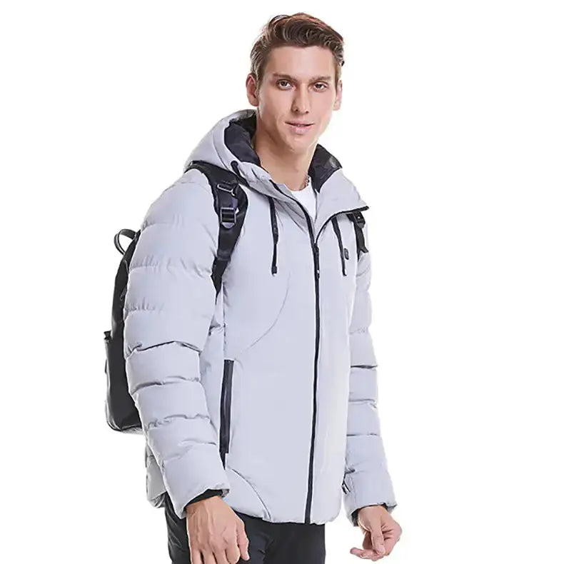 Green Lamp Post men's heated jacket, large size, with insulated design and front zipper for warmth and style.