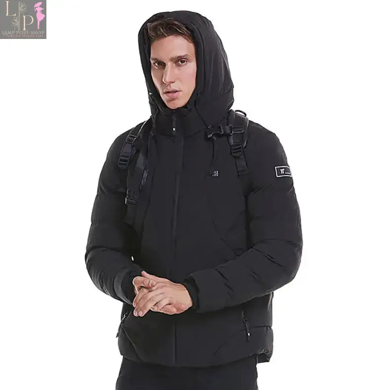 Green Lamp Post men's heated jacket, large size, insulated men's jacket designed for warmth and outdoor comfort.