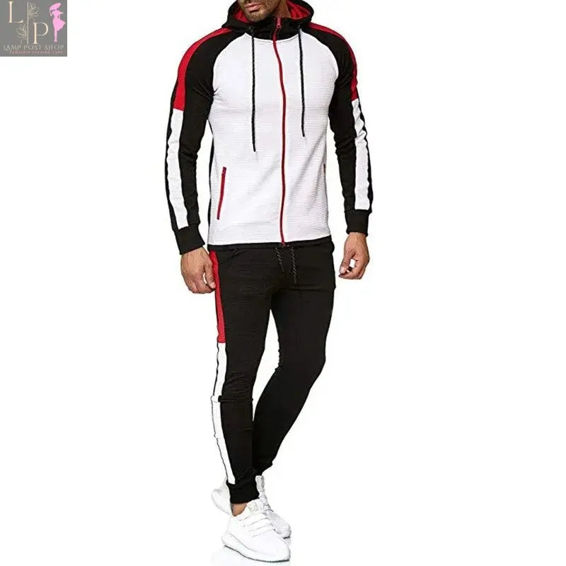 Men Lamp Post hoodie jacket and pants tracksuit in white and green, casual athletic wear with a comfy fit.