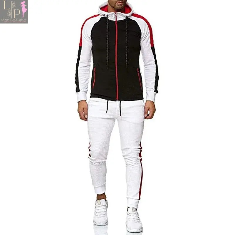 Lamp Post men's hoodie jacket and pants tracksuit in white and green, casual athletic wear for men.