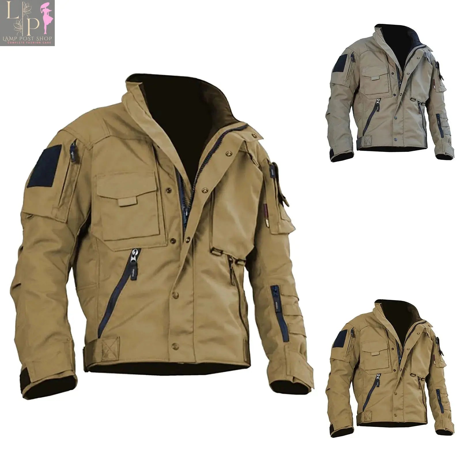 Beige men's outdoor sports jacket by Lamp Post, heavy coat style with a zip front and hood, ideal for outdoor activities.
