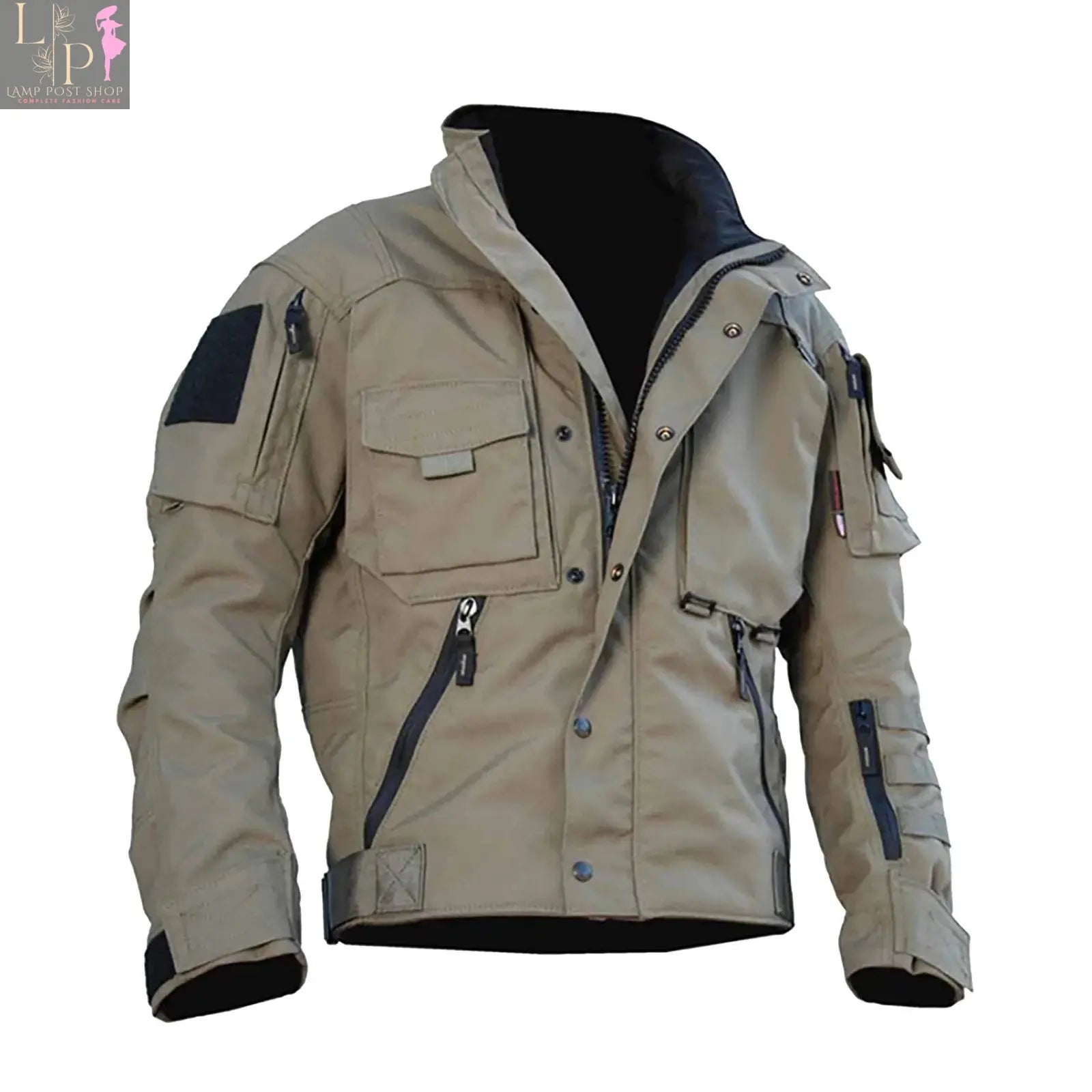 Beige men's outdoor sports jacket by Lamp Post, heavy coat with a hood, designed for outdoor activities and cold weather.