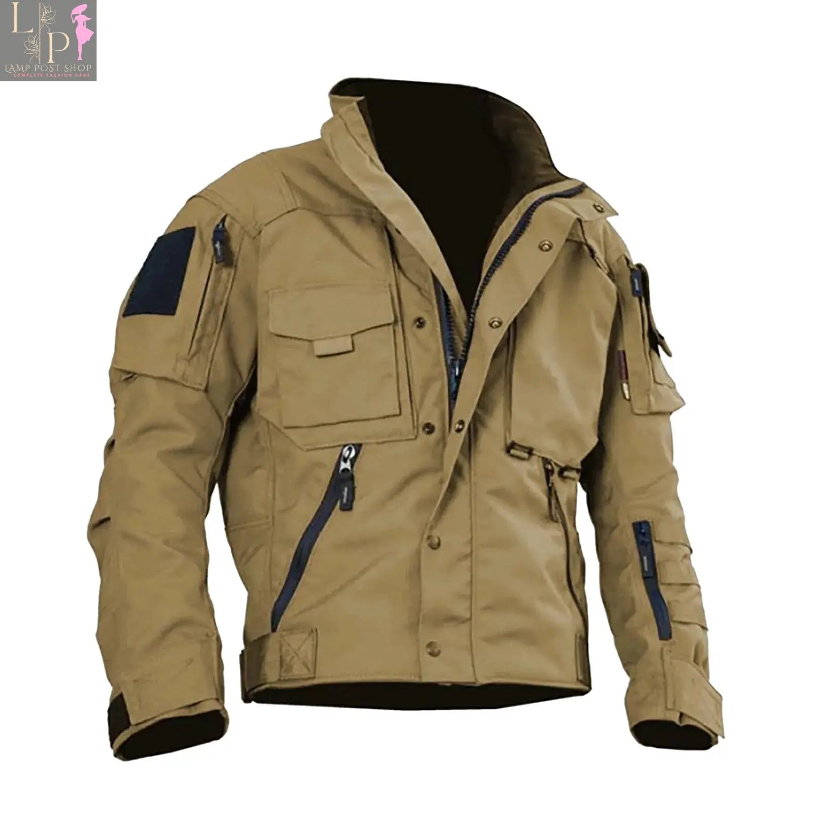 Beige men's outdoor sports jacket by Lamp Post, heavy coat designed for active outdoor activities and cold weather.