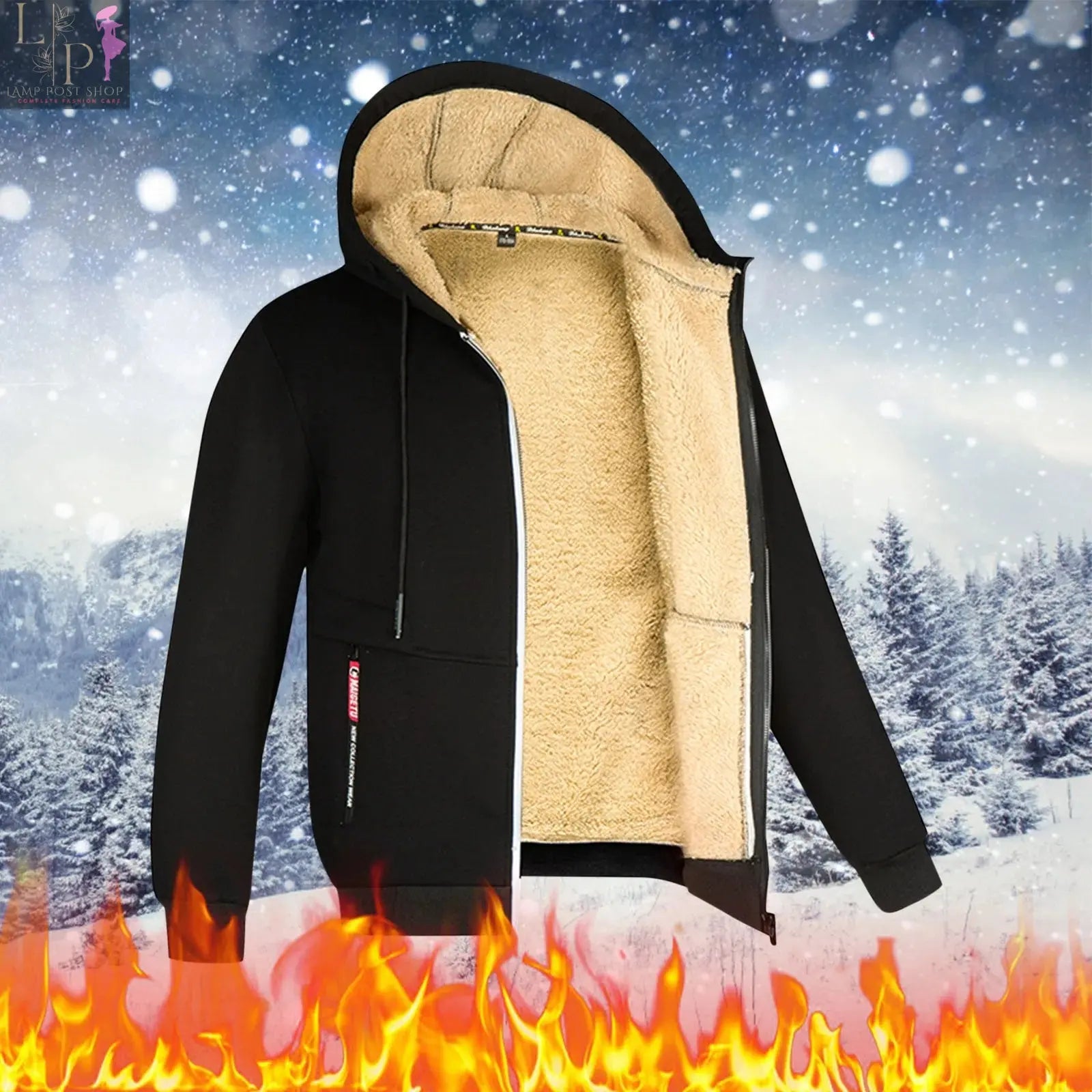 Men's black Lamp Post zip-up hoodie jacket with long sleeves, casual sports style, warm and comfortable for everyday wear.