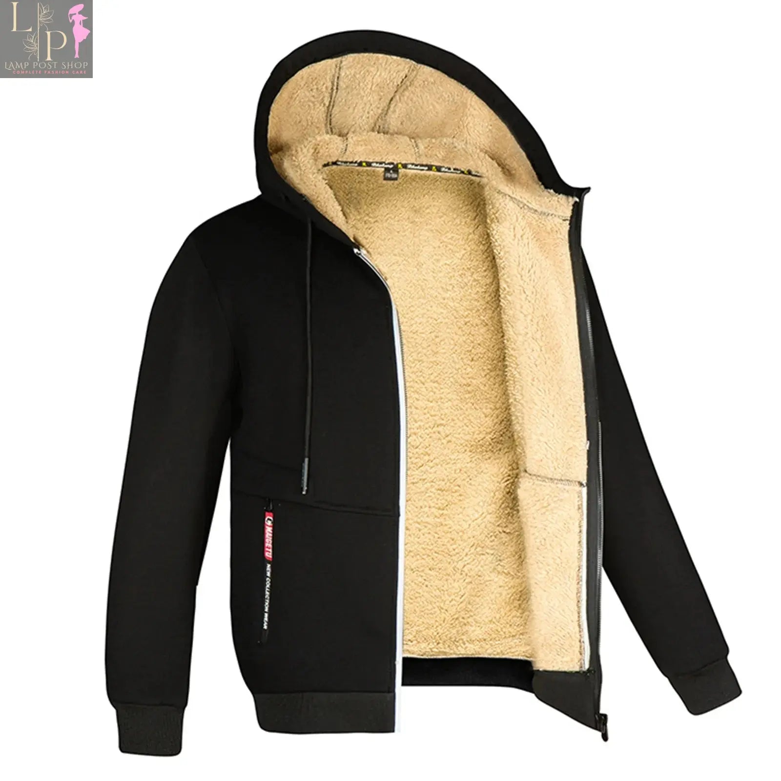 Men's black Lamp Post zipper hoodie jacket with long sleeves, casual sports design, warm and comfortable for everyday wear.