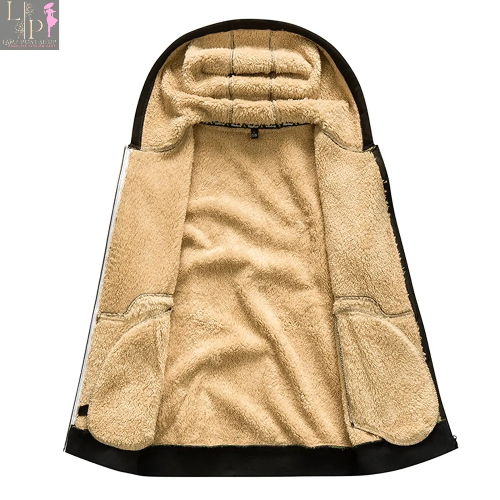 Black men's zipper hoodie jacket with long sleeves, casual sports style, warm and comfortable, from Lamp Post.