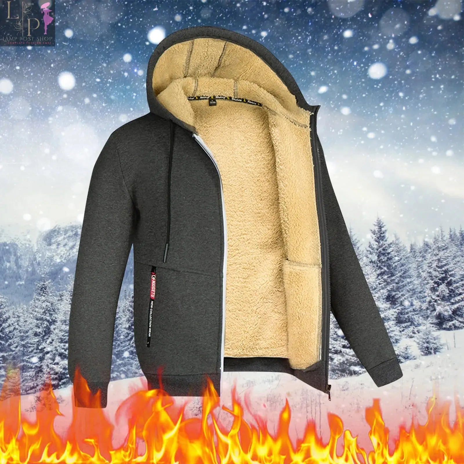 Men's black Lamp Post zipper hoodie with long sleeves, warm casual sports jacket, hooded coat, and front pockets.