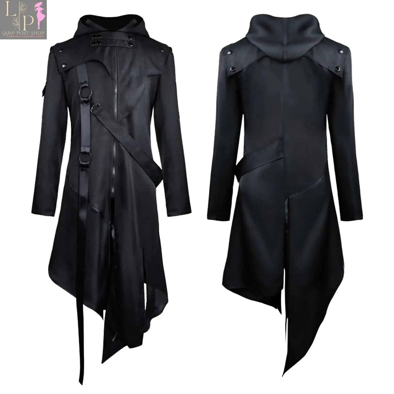 Black men's hooded long coat with zipper and belt, Lamp Post men's jacket, long sleeve design, suitable for cold weather.
