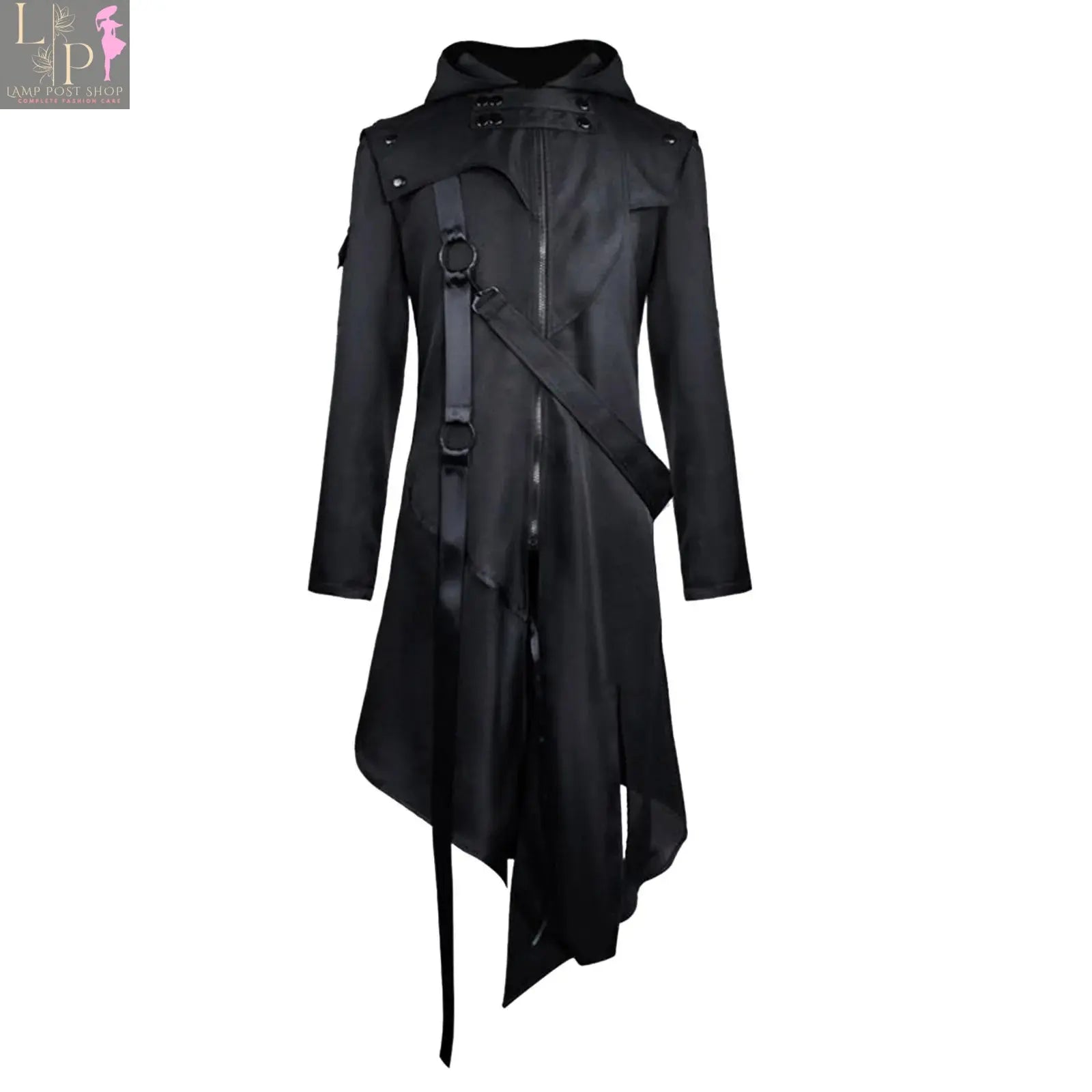 Black men's hooded long jacket with zipper, belt, and long sleeves, by Lamp Post, suitable for cold weather.