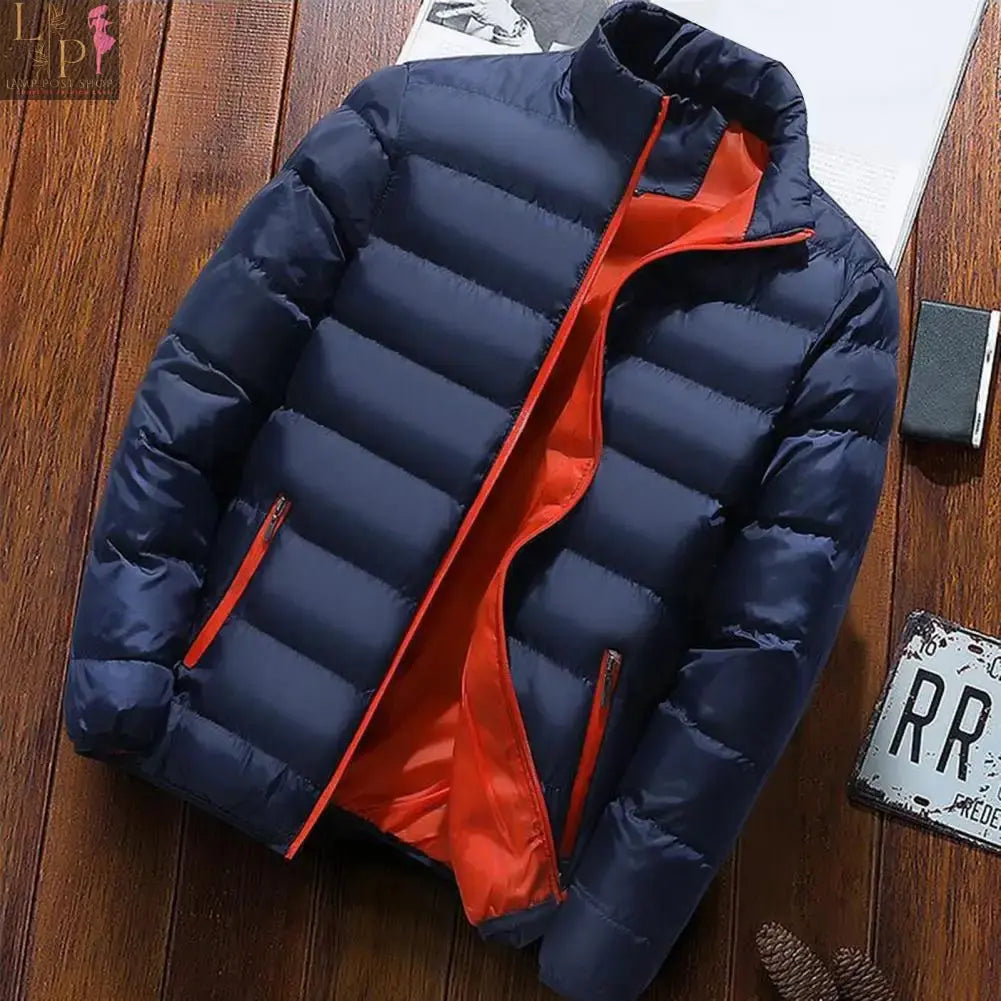Blue men's 2024 winter warm jacket by Lamp Post, designed for cold weather, with a cozy insulated look and durable fabric.