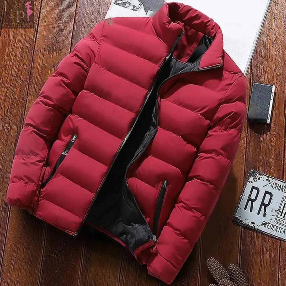 Blue men's 2024 winter warm jacket by Lamp Post, showing the insulated winter jacket with a hood and zipper closure.
