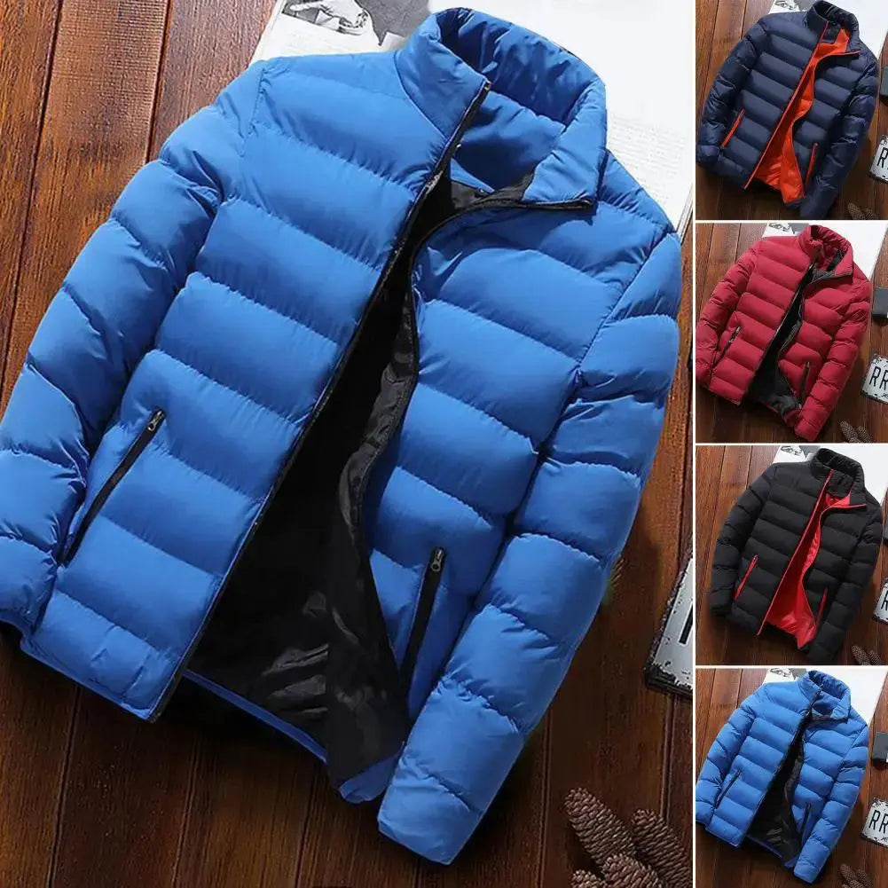 Blue men's 2024 winter warm jacket by Lamp Post, showcasing the insulated design and stylish fit for cold weather.