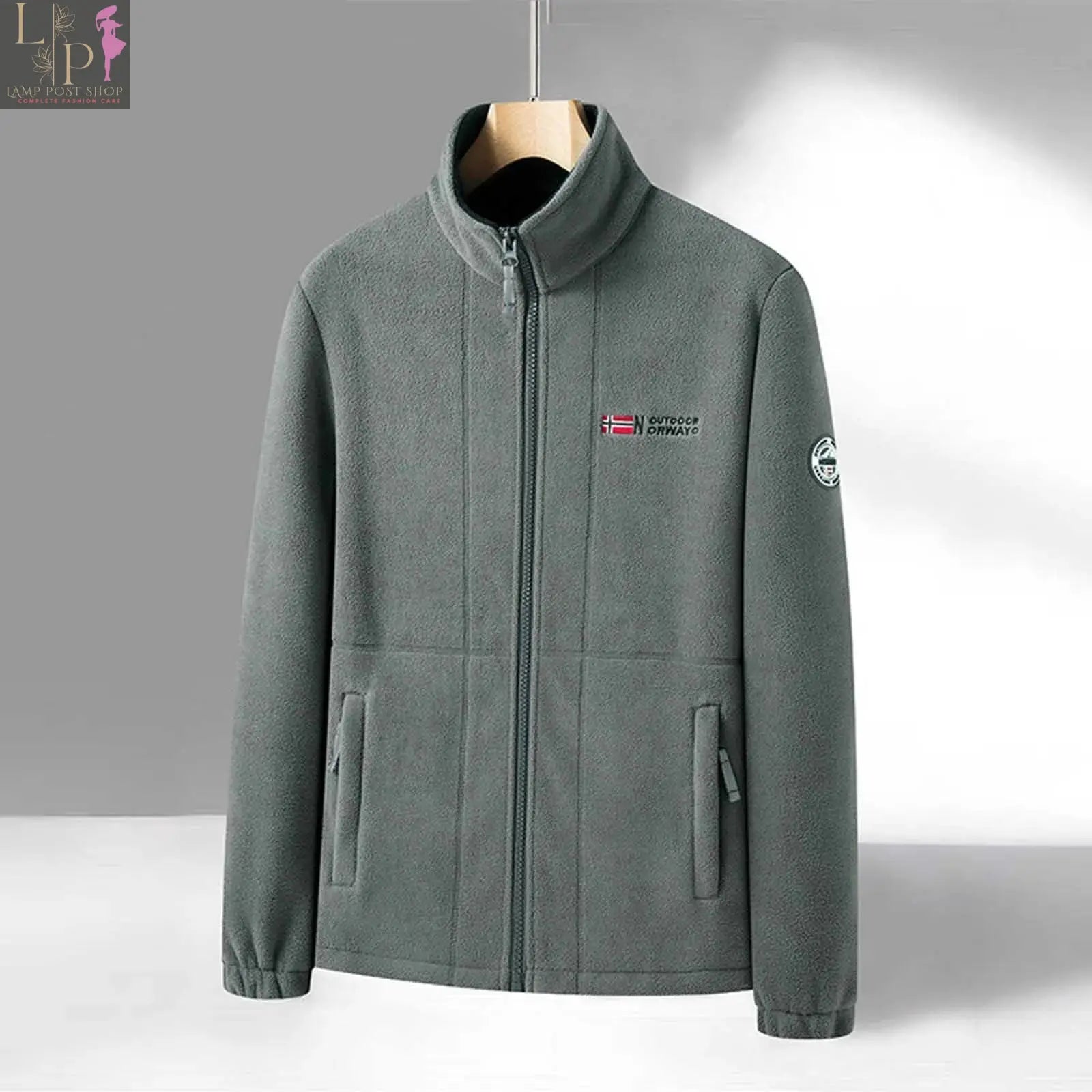 Lamp Post men's winter fleece jacket in blue, with stand collar, designed for big and tall men for spring and autumn.